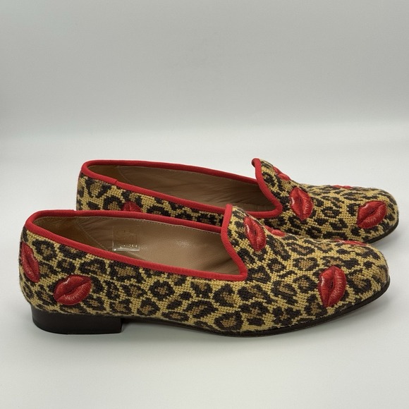 Stubbs & Wootton Women's Leopard Needlepoint Red Lips Red Trim Loafers Shoe 7.5 - Picture 6 of 12